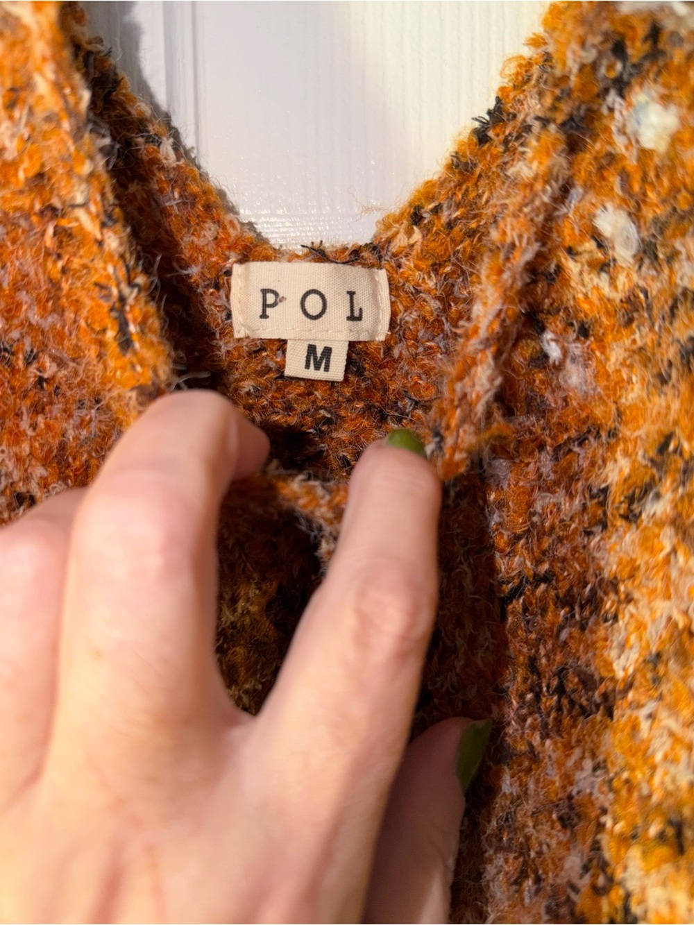 POL Orange Fuzzy Fringe Sweater Oversized V Neck Balloon Sleeve Boho M - Picture 2 of 8
